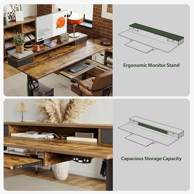 Electric Standing Desk with 2 Drawers and Keyboard Tray, 55 x 24 Inches Ergonomic Adjustable Height Desk with Storage, Sit Stand up Desk Computer Workstation, Rustic Brown - LeafyLoom