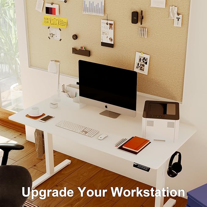 Monomi Electric Standing Desk, 63 x 28 inches Height Adjustable Desk, Ergonomic Home Office Sit Stand Up Desk with Memory Preset Controller (White Top/White Frame) - LeafyLoom