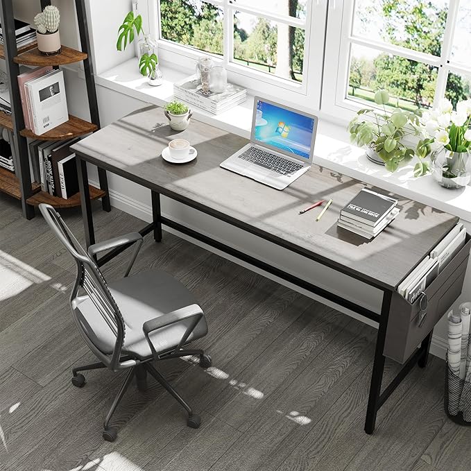 Shintenchi 63 inch Computer Desk with Storage Bag, Study Workstation Modern Simple Design for Home Office, Student Writing Desk, Office Working Desk, Gray - LeafyLoom