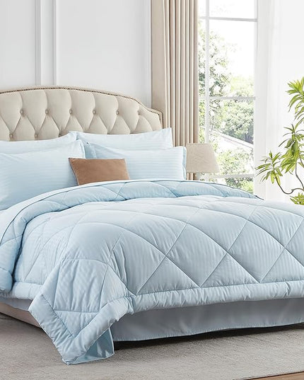 NexHome Light Blue King Bed in a Bag 7-Pieces Comforter Sets with Comforter and Sheets Soft All Season Bedding Sets with Comforter, Pillow Shams, Flat Sheet, Fitted Sheet and Pillowcases - LeafyLoom