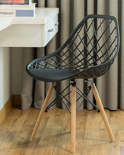 Mid-Century Modern Style Plastic DSW Shell Dining Chair with Lattice Back and Wooden Dowel Eiffel Legs, Black - LeafyLoom