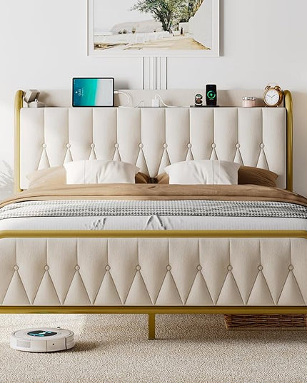 Feonase Full Bed Frame with Type-C & USB Port, Metal Platform Beds, with Velvet Upholstered Headboard & Footboard, 12" Underbed Storage Space, Easy Assembly, Noise-Free, Beige - LeafyLoom