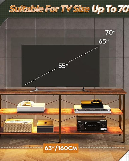 WLIVE TV Stand up to 70 Inch TV, 63" Entertainment Center with LED, TV Media Console with 3-Tier Storage Shelves for Living Room and Bedroom, Rustic Brown - LeafyLoom