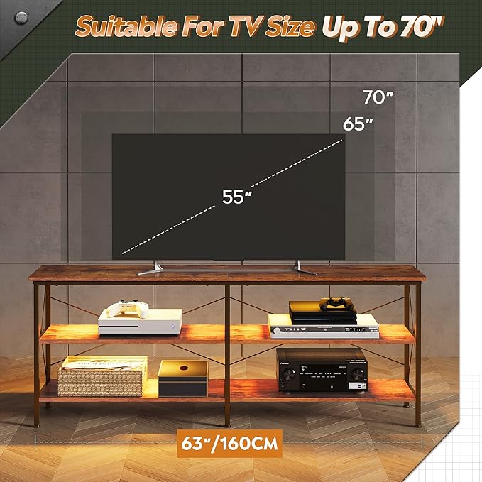 WLIVE TV Stand up to 70 Inch TV, 63" Entertainment Center with LED, TV Media Console with 3-Tier Storage Shelves for Living Room and Bedroom, Rustic Brown - LeafyLoom
