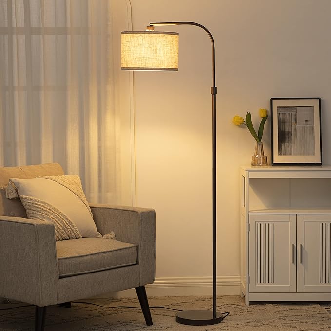 EDISHINE Arched Floor Lamps for Living Room, Standing Tall Arc Lamp with Adjustable Linen Shade, Minimalist Reading Light for Corner, Over Couch Arched Lamp for Bedroom, Office, Kids Room, Bronze - LeafyLoom