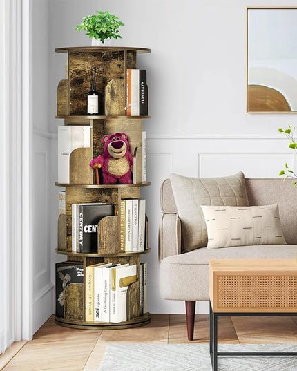 4 Tier Rotating Bookshelf kids, Small Corner Bookshelf for Small Space, 360 Display Floor Standing Bookcase Storage Rack, Wood Narrow Book Shelf Organizer for Home Office,Bedroom, Living Room - LeafyLoom