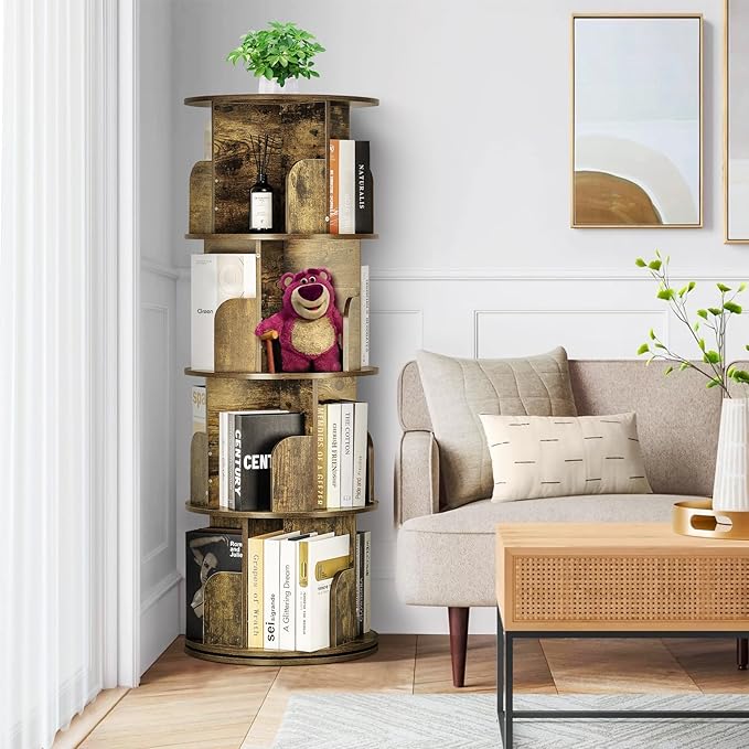 4 Tier Rotating Bookshelf kids, Small Corner Bookshelf for Small Space, 360 Display Floor Standing Bookcase Storage Rack, Wood Narrow Book Shelf Organizer for Home Office,Bedroom, Living Room - LeafyLoom