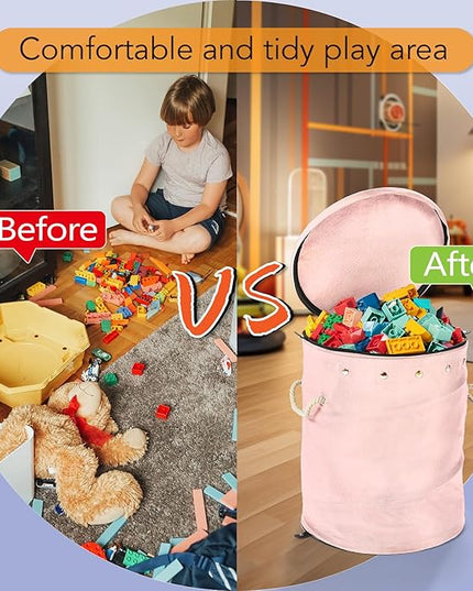 Toy Storage Basket + Play Mat for Kids Toy Chest Organizer Kids Toy Storage Organizer Foldable Big Storage Bins with Lids Large Toy Box for Boys Girls Toy Holders for Kids Rooms Nursery(Pink) - LeafyLoom