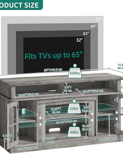 YITAHOME LED Farmhouse TV Stand for TV up to 65 Inch w/Outlets, Highboy Media Entertainment Center Console Table Adjustable Storage Shelves &Cabinet Glass Door for 400lbs for Living Room, Rustic Gray - LeafyLoom