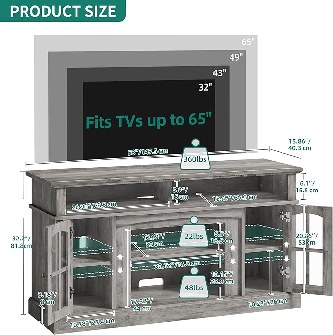 YITAHOME LED Farmhouse TV Stand for TV up to 65 Inch w/Outlets, Highboy Media Entertainment Center Console Table Adjustable Storage Shelves &Cabinet Glass Door for 400lbs for Living Room, Rustic Gray - LeafyLoom