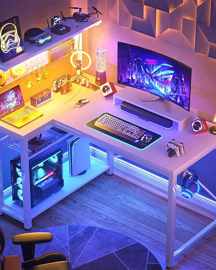 Homieasy Small Gaming Desk with Power Outlets Pegboard LED Light, 43 Inch L Shaped Computer Desk with Monitor Stand Storage Shelves, Reversible Corner Desk with Headset Hooks, White - LeafyLoom
