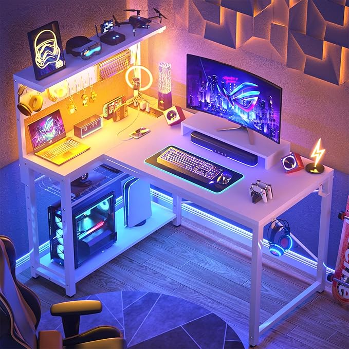 Homieasy Small Gaming Desk with Power Outlets Pegboard LED Light, 43 Inch L Shaped Computer Desk with Monitor Stand Storage Shelves, Reversible Corner Desk with Headset Hooks, White - LeafyLoom