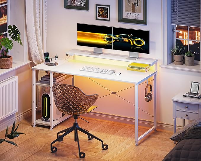 MOTPK White Desk with Led Lights & Power Outlet, 47 Inch Computer Desk with Shelves, Reversible Kids Desk with Adjustable Monitor Stand & Headphone Hook, Work Desk for Home Office - LeafyLoom