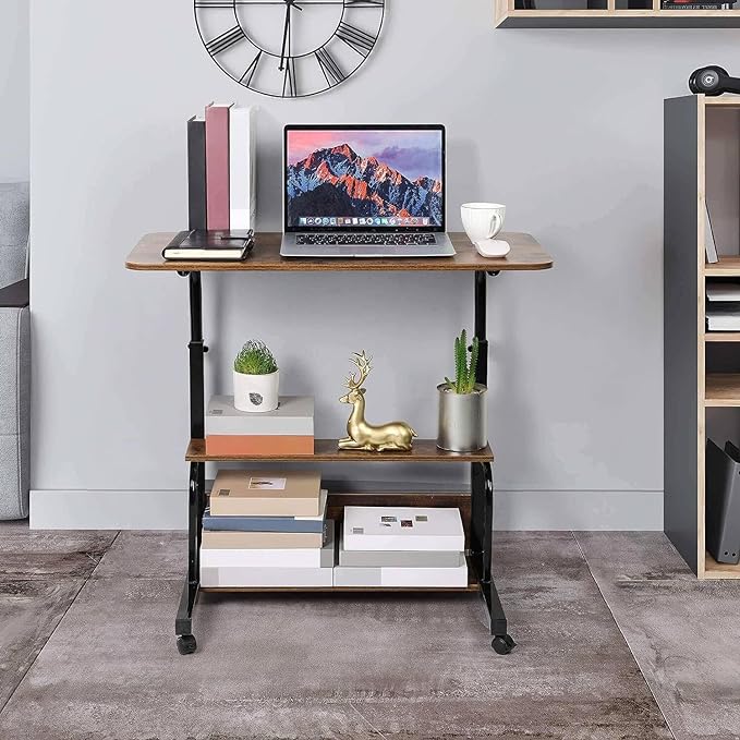 Adjustable Home Office Computer Desk Writing Desk with Storage Shelves Simple Style Workstation for Home Office Small Spaces Storage Table with Wheels Mobile Convenient Brownish, XY-1 - LeafyLoom