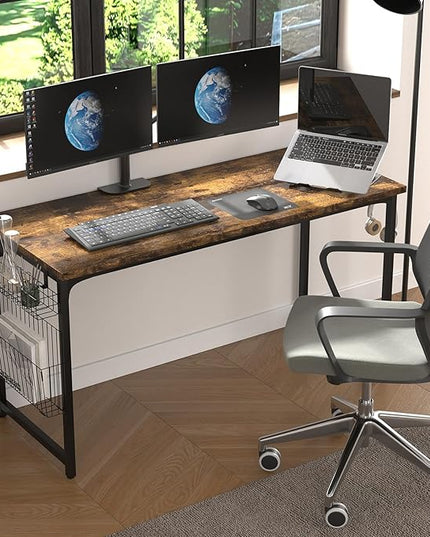 yoyomax Computer Desk, 55 Inch Home Office Desk, Wood Simple Style Student Writing Desk, Study PC Table with Storage Basket and Headphone Hooks, Rustic Brown - LeafyLoom