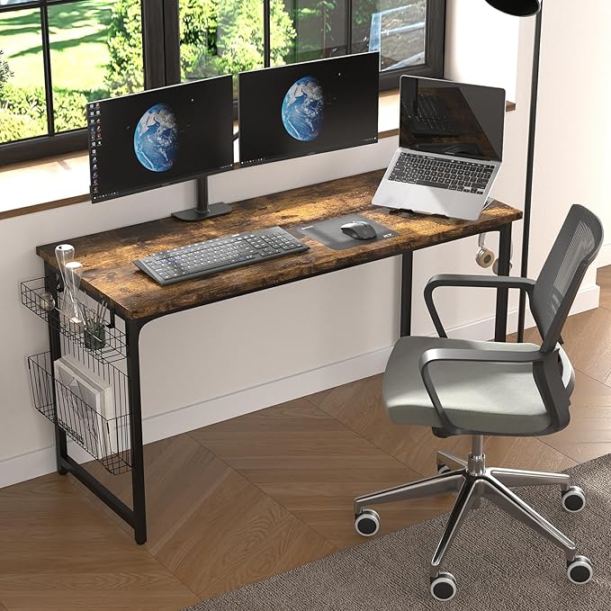 yoyomax Computer Desk, 55 Inch Home Office Desk, Wood Simple Style Student Writing Desk, Study PC Table with Storage Basket and Headphone Hooks, Rustic Brown - LeafyLoom