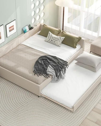 Wood House Bed with 2 Twin Solid Bed,L Structure Bedroom Platform Bed Frame W/Fence and Slatted Frame,No Box Spring Required,for Kids Teens Boy Girl,White - LeafyLoom