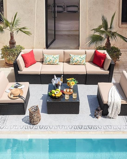 ClawsCover 14Pack Outdoor Patio Seat and Back Cushions Replacement Covers Fit for 7Pieces 6-Seater Wicker Rattan Sectional Couch Chair Furniture Set,Light Khaki-Include Cover Only (Small) - LeafyLoom