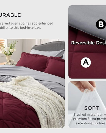 Bedsure Burgundy California King Size Comforter Set - 7 Pieces Reversible Cal King Bed in a Bag Bed Set with Comforters, Sheets, Pillowcases & Shams, California King Bedding Sets - LeafyLoom