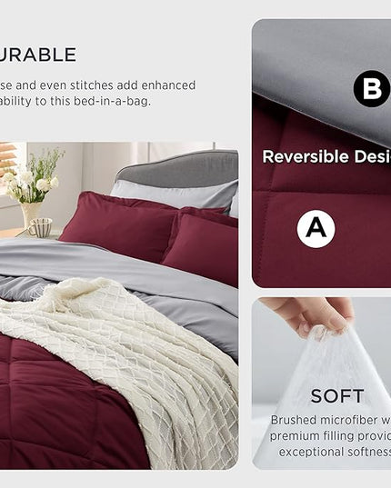 Bedsure Burgundy King Size Comforter Set - 7 Pieces Reversible King Bed in a Bag King Bed Set with Comforters, Sheets, Pillowcases & Shams, King Bedding Sets - LeafyLoom