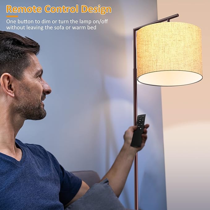 PESRAE Floor Lamp for Living Room, LED Floor Lamp with Remote Control, 4 Color Temperature LED Bulb Included, Modern Standing lamp with Linen Lampshade for Bedroom,Brown - LeafyLoom