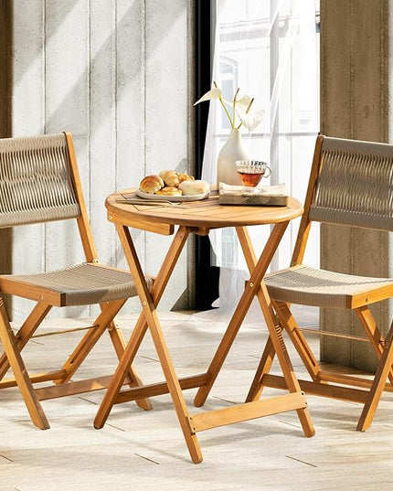 Heavy Duty 400lbs Capacity Patio Bistro Set 3 Piece Outdoor, Folding Chairs with Elegant, Wood Rope Design - Beige - LeafyLoom