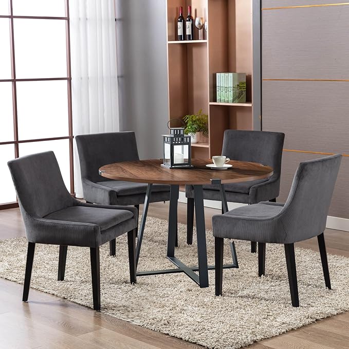 COLAMY Modern Dining Chairs Set of 6, Upholstered Corduroy Accent Side Leisure Chairs with Mid Back and Wood Legs for Living Room/Dining Room-Grey - LeafyLoom