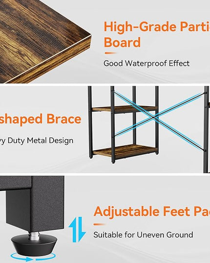 63-Inch Industrial Home Office Desk with Bookshelf, Gaming Computer Desk with Monitor Stand and Printer Shelf for Study, Writing, PC Work - LeafyLoom