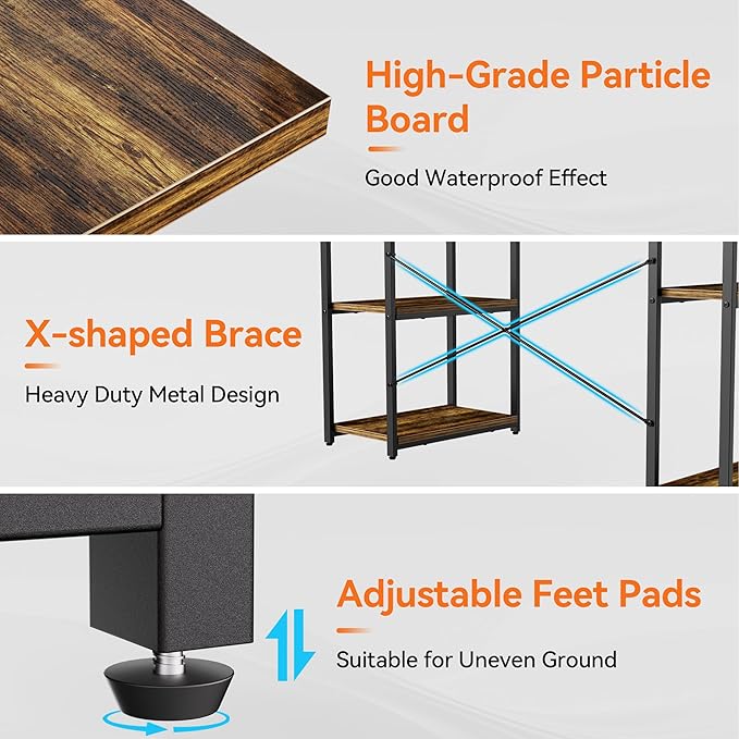 63-Inch Industrial Home Office Desk with Bookshelf, Gaming Computer Desk with Monitor Stand and Printer Shelf for Study, Writing, PC Work - LeafyLoom