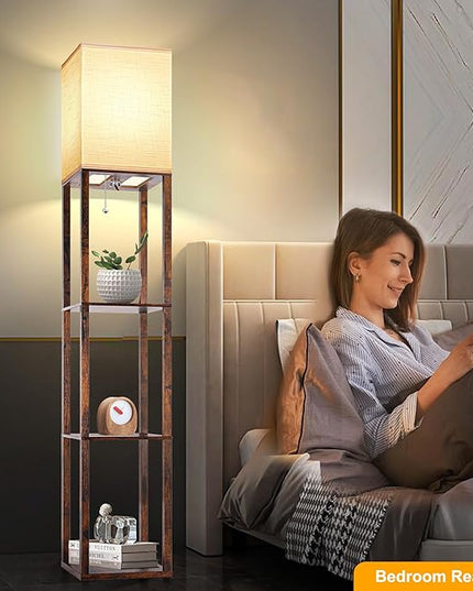 Floor Lamp with Shelves for Living Room Brown, Shelf Floor Lamp with 3 CCT LED Bulb, Corner Display Standing Column Lamp Etagere Organizer Tower Nightstand with White Linen Shade for Bedroom - LeafyLoom