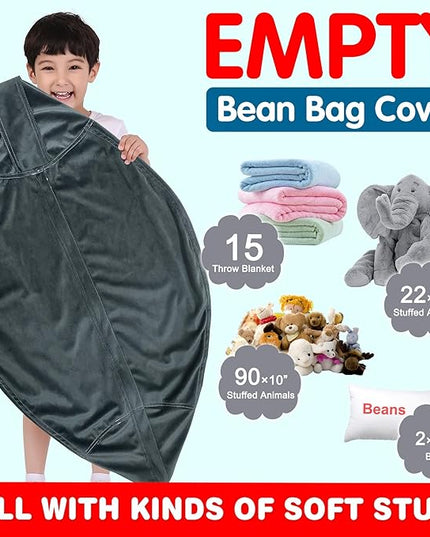 Lukeight Stuffed Animal Storage Bean Bag Chair Cover for Kids, Zipper Beanbag Chair Cover for Organizing Toddler & Kids' Rooms Plush Toys (Dark Gray Velvet, X-Large) - LeafyLoom