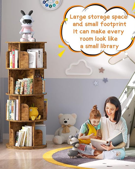 Rotating Bookshelf, Corner Bookshelf, 360 Display Wood Spinning Bookcase Storage Rack, Floor Standing Revolving Bookcase Narrow Book Shelf Organizer for Small Space, Bedroom, Rustic Brown - LeafyLoom