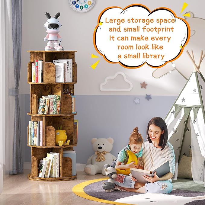 Rotating Bookshelf, Corner Bookshelf, 360 Display Wood Spinning Bookcase Storage Rack, Floor Standing Revolving Bookcase Narrow Book Shelf Organizer for Small Space, Bedroom, Rustic Brown - LeafyLoom