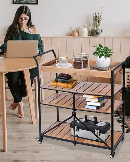 Vipush Kitchen Serving Cart, 4-Tier Kitchen Utility Cart on Wheels with Storage for Living Room, Wood Look Accent Furniture with Metal - LeafyLoom