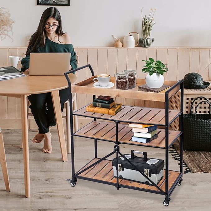 Vipush Kitchen Serving Cart, 4-Tier Kitchen Utility Cart on Wheels with Storage for Living Room, Wood Look Accent Furniture with Metal - LeafyLoom
