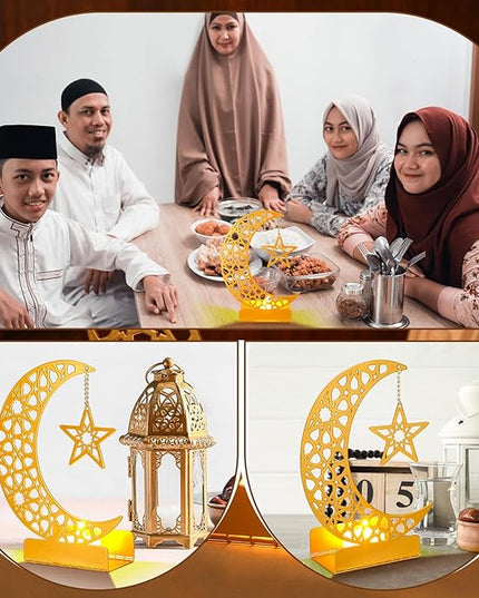 Eid Crafts Night Light 3D Metal Ramadan Eid Mubarak Ornaments Ramadan Decorations Ramadan Table Decor Ramadan Mubarak Light with 2 LED Candles for Home Eid Party Supplies (Stylish) - LeafyLoom