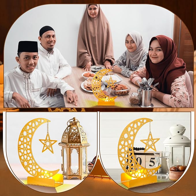 Eid Crafts Night Light 3D Metal Ramadan Eid Mubarak Ornaments Ramadan Decorations Ramadan Table Decor Ramadan Mubarak Light with 2 LED Candles for Home Eid Party Supplies (Stylish) - LeafyLoom