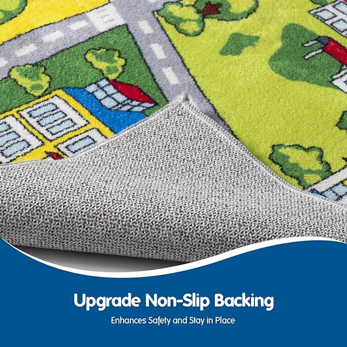 Booooom Jackson Car Mat for Kids Toy Cars,Soft Kids Play Rug,Non Slip Race Car Rug Car Play Mat,Road Rug,Train Rug,Washable Kids Rug for Bedroom Boys,Playroom,Preschool,Area Rug for Kids Room Cars - LeafyLoom