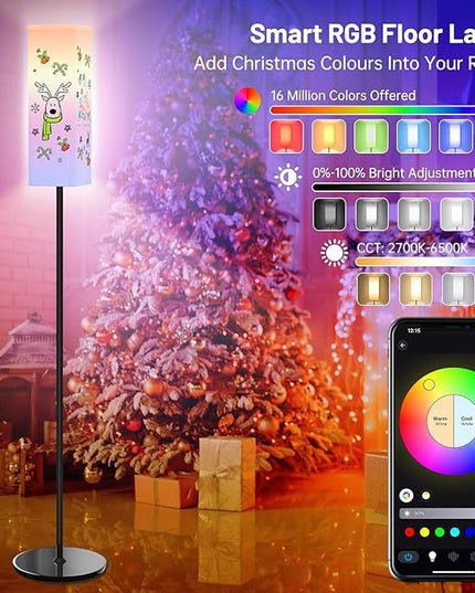 Smart RGB Floor Lamp for Living Room, Bedroom, Modern LED Standing Tall Lamp, WiFi Music Smart Corner Lamp with Remote Control, Dimmable, Compatible with Alexa and Google Home (2 lampshades) - LeafyLoom