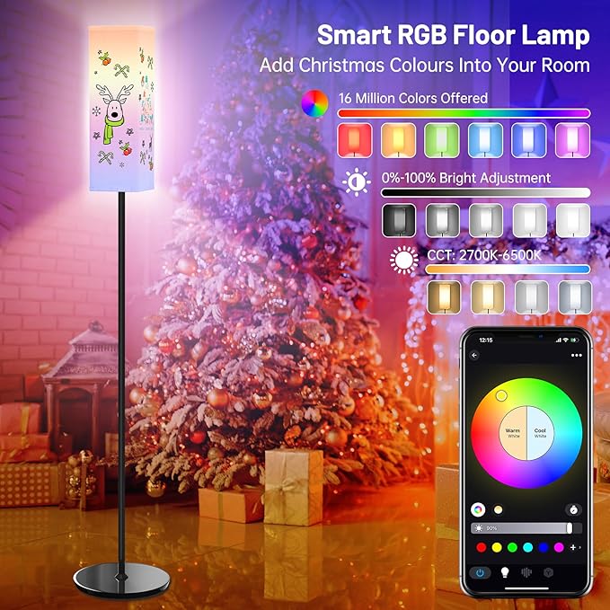 Smart RGB Floor Lamp for Living Room, Bedroom, Modern LED Standing Tall Lamp, WiFi Music Smart Corner Lamp with Remote Control, Dimmable, Compatible with Alexa and Google Home (2 lampshades) - LeafyLoom