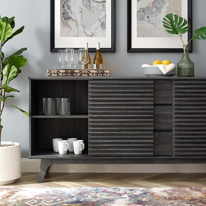 Modway Render 63" Mid-Century Modern Sideboard Buffet Table or TV Stand in Charcoal - LeafyLoom