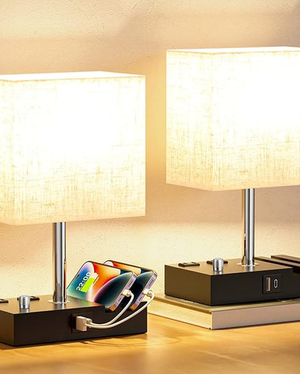 Bedside Lamps for Bedroom Set of 2, Kakanuo Fully Dimmable Small Beige Nightstand Lamps with USB C Ports and 2 Charging Outlets, Wooden Table Lamp with Phone Stands for Living Room, LED Bulbs Included - LeafyLoom