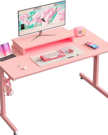 Bestier Small Gaming Desk with Monitor Stand, 42 inch LED Computer Desk, Gamer Workstation with Cup Holder & Headset Hooks, Modern Simple Style Desk for Home Office, Carbon Fiber Pink - LeafyLoom