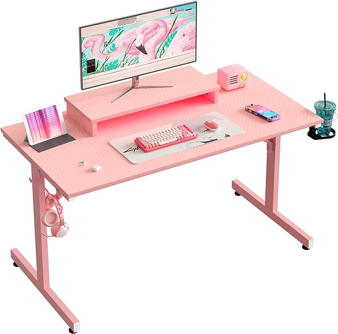 Bestier Small Gaming Desk with Monitor Stand, 42 inch LED Computer Desk, Gamer Workstation with Cup Holder & Headset Hooks, Modern Simple Style Desk for Home Office, Carbon Fiber Pink - LeafyLoom