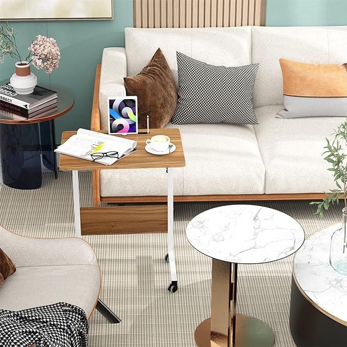 SogesGame Mobile Sofa Side Table, Industrial C Table with Wheels, Portable Desk Cart Tray End Table Height Adjustable, Snack Table for Couch Sofa, Oak，05#3-60OK-S8-US - LeafyLoom