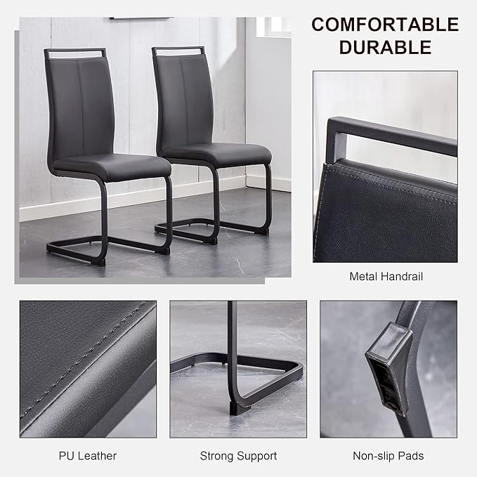 PU Faux Leather Dining Chairs Set of 2, Modern Dining Room Chair Kitchen Chairs with Upholstered Seat, Black Metal Legs and High Back, Sillas para Comedor, Black+PU - LeafyLoom