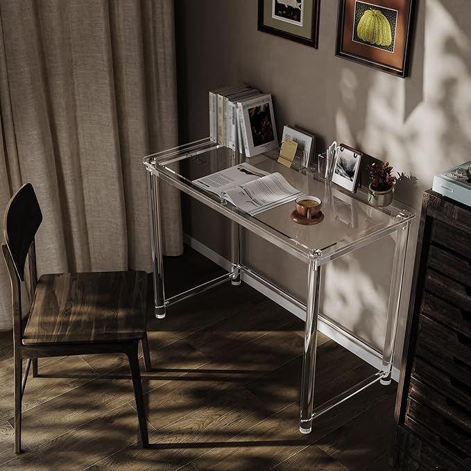 HMYHUM Acrylic Desk, Clear Desk for Home Office for Laptop, Study, Writing, Vanity Table with Cylindrical Legs, Modern, Easy Assembly, 39.4" L x 19.7" W x 29.5" H - LeafyLoom