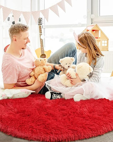 Red Round Rug for Bedroom, Super Fluffy Circle Rugs for Baby Nursery, 5'X5' Feet Furry Carpet for Children Kids Room, Cute Soft Shaggy Rug for Girls Home Decor, Fuzzy Plush Carpets for Dorm - LeafyLoom