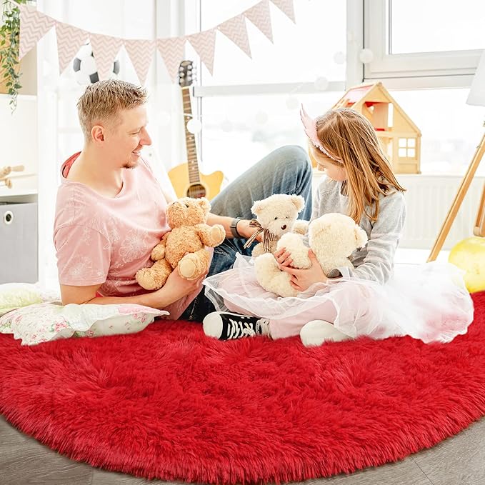 Red Round Rug for Bedroom, Super Fluffy Circle Rugs for Baby Nursery, 5'X5' Feet Furry Carpet for Children Kids Room, Cute Soft Shaggy Rug for Girls Home Decor, Fuzzy Plush Carpets for Dorm - LeafyLoom