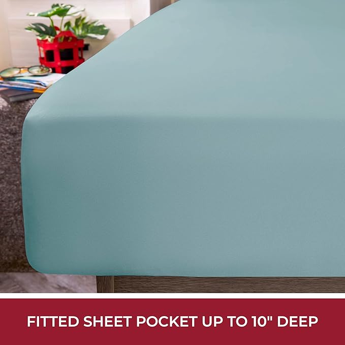 Mellanni RV Short Queen Sheets - 4 PC Iconic Collection Bedding Sheets & Pillowcases - Hotel Luxury, Extra Soft, Cooling Bed Sheets - Deep Pocket up to 10 inch (RV/Short Queen, Spa Blue) - LeafyLoom